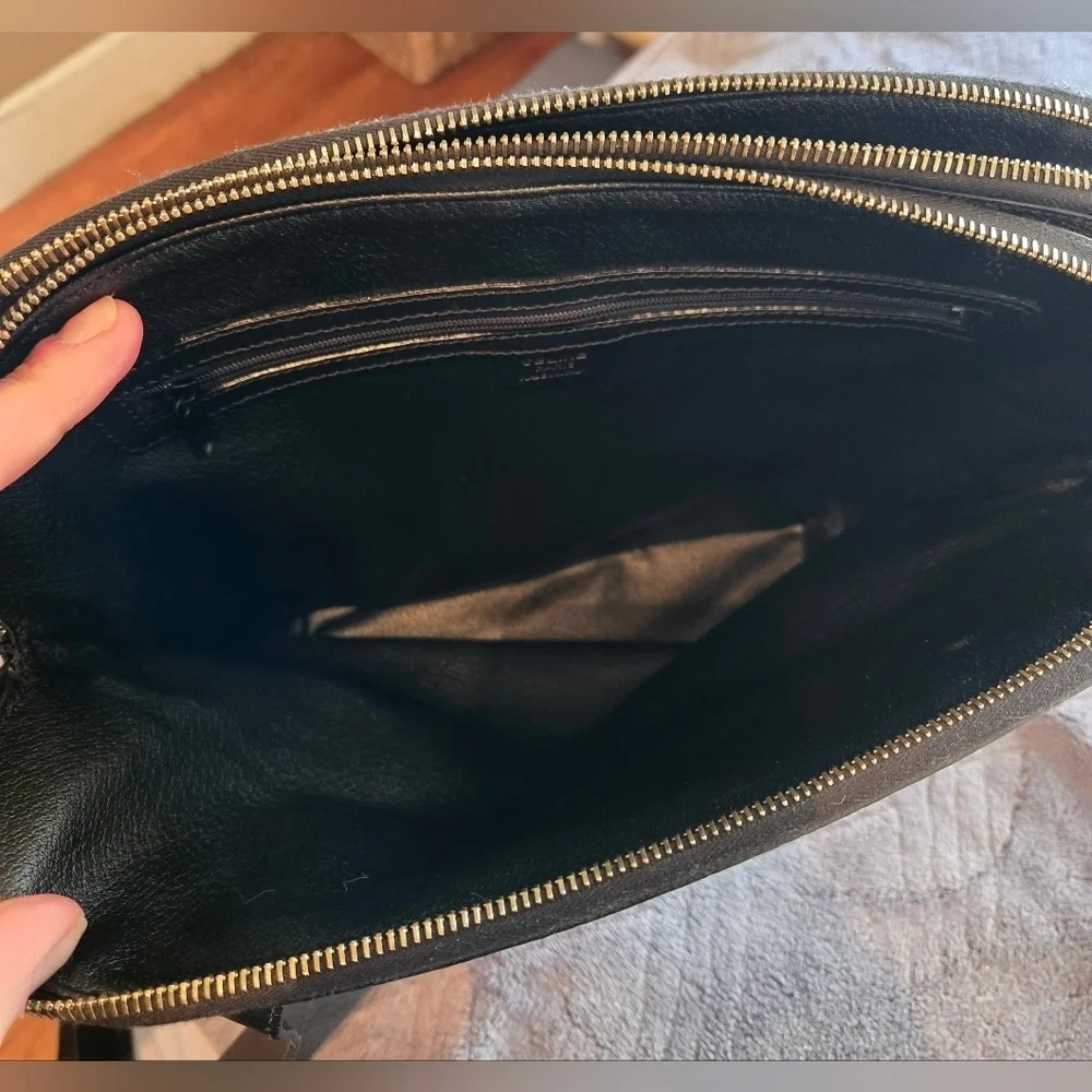 Celine | Double Zip Shoulder Tote Bag | Macadam Canvas & Black Leather | Vintage